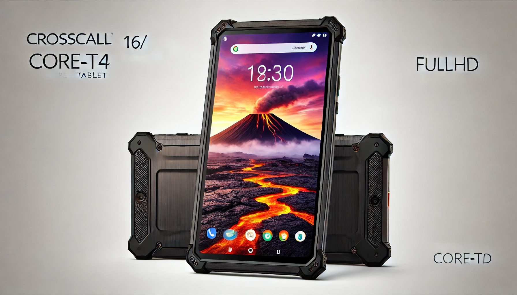 DALL·E 2024-07-23 13.46.37 - Create a 16_9 FullHD image of a Crosscall CORE-T4 tablet. The tablet should have a rugged design and be black in color. It should have an 8-inch scree