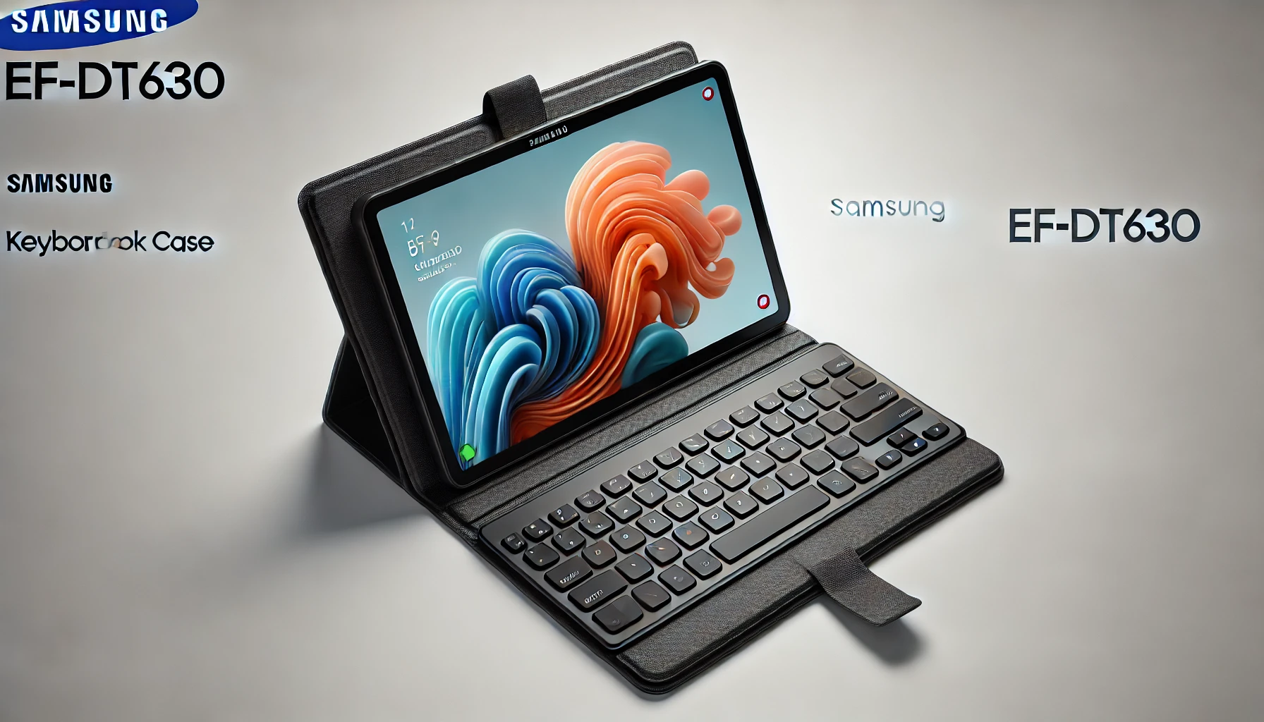 DALL·E 2024-07-23 13.49.36 - Create a 16_9 FullHD image of a Samsung EF-DT630, a keyboard and book cover case for a tablet. The tablet should be black with an integrated keyboard