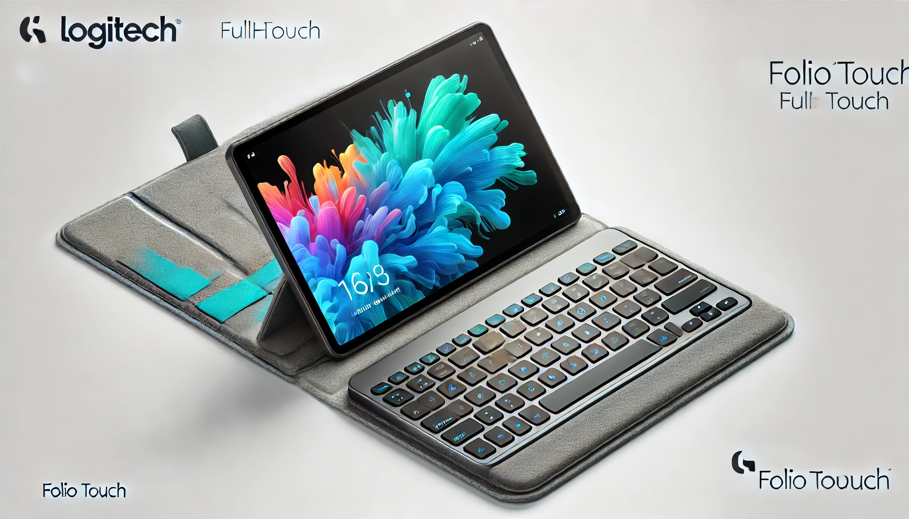 DALL·E 2024-07-23 13.59.48 - Create a 16_9 FullHD image of a Logitech Folio Touch, a keyboard and case with a trackpad for a tablet. The tablet should be inserted in a gray case.