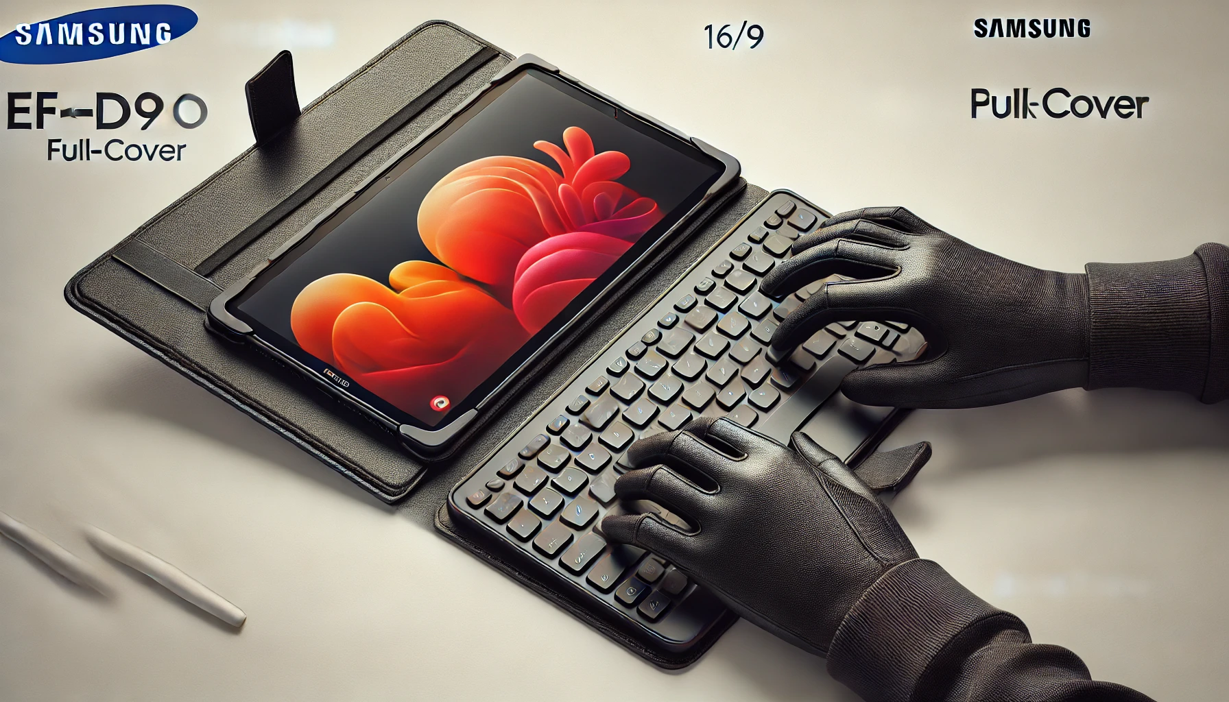 DALL·E 2024-07-23 14.05.52 - Create a 16_9 FullHD image of a Samsung EF-DX910, a keyboard and book cover case for a tablet. The tablet should be inserted in a slim black case. The