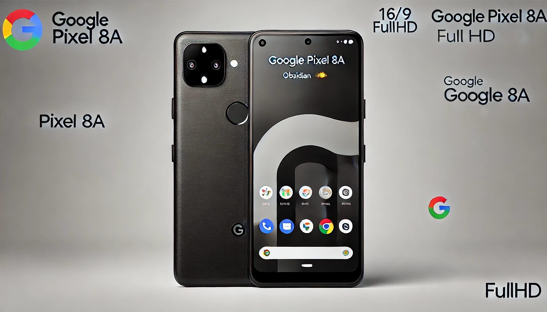 DALL·E 2024-07-23 14.30.08 - Create a 16_9 FullHD image of a Google Pixel 8a. The smartphone should be obsidian (black) in color. It should be equipped with multiple cameras on th