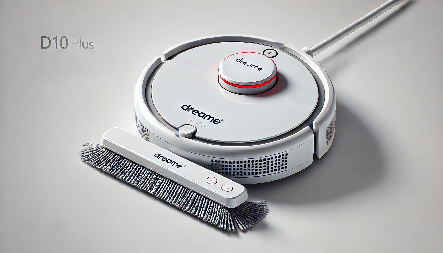 DALL·E 2024-07-23 14.39.23 - Create a 16_9 FullHD image of a Dreame D10 Plus robot vacuum and mop. The robot vacuum should be white with red accents. It should be round and positi
