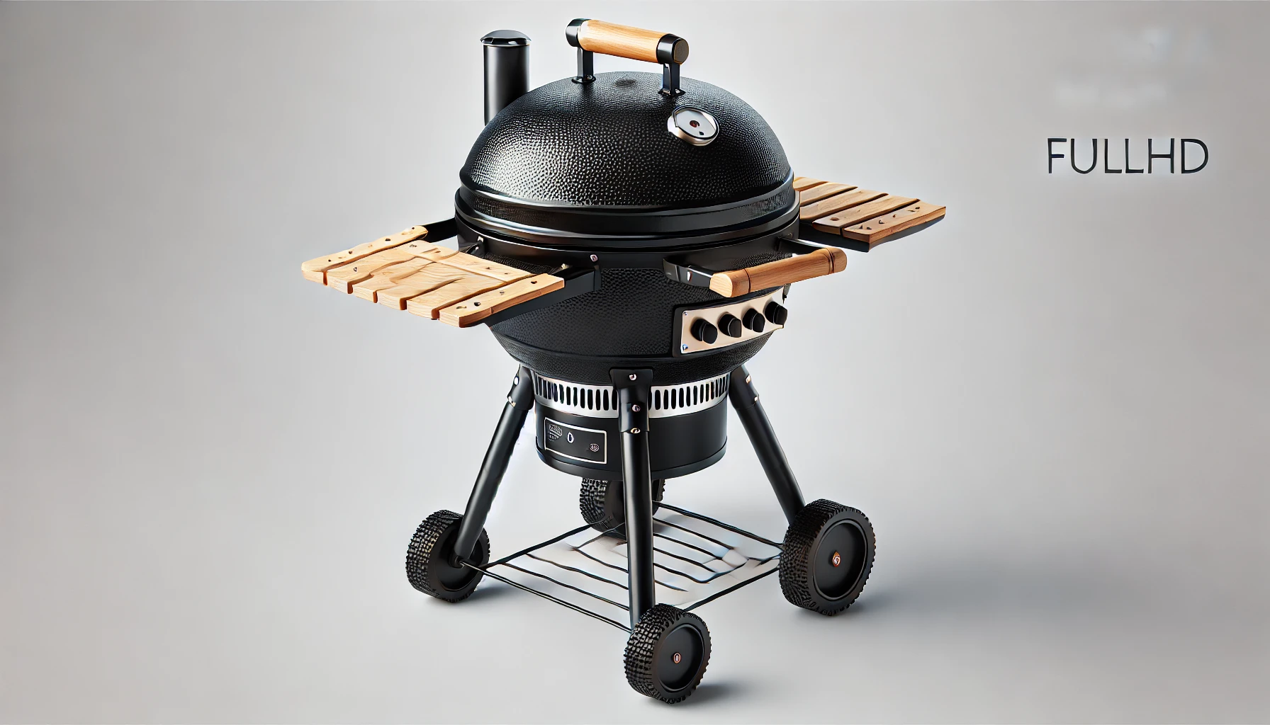 DALL·E 2024-07-23 14.43.17 - Create a 16_9 FullHD image of an American charcoal barbecue grill. The grill should be black with wooden elements. It should have a cylindrical shape