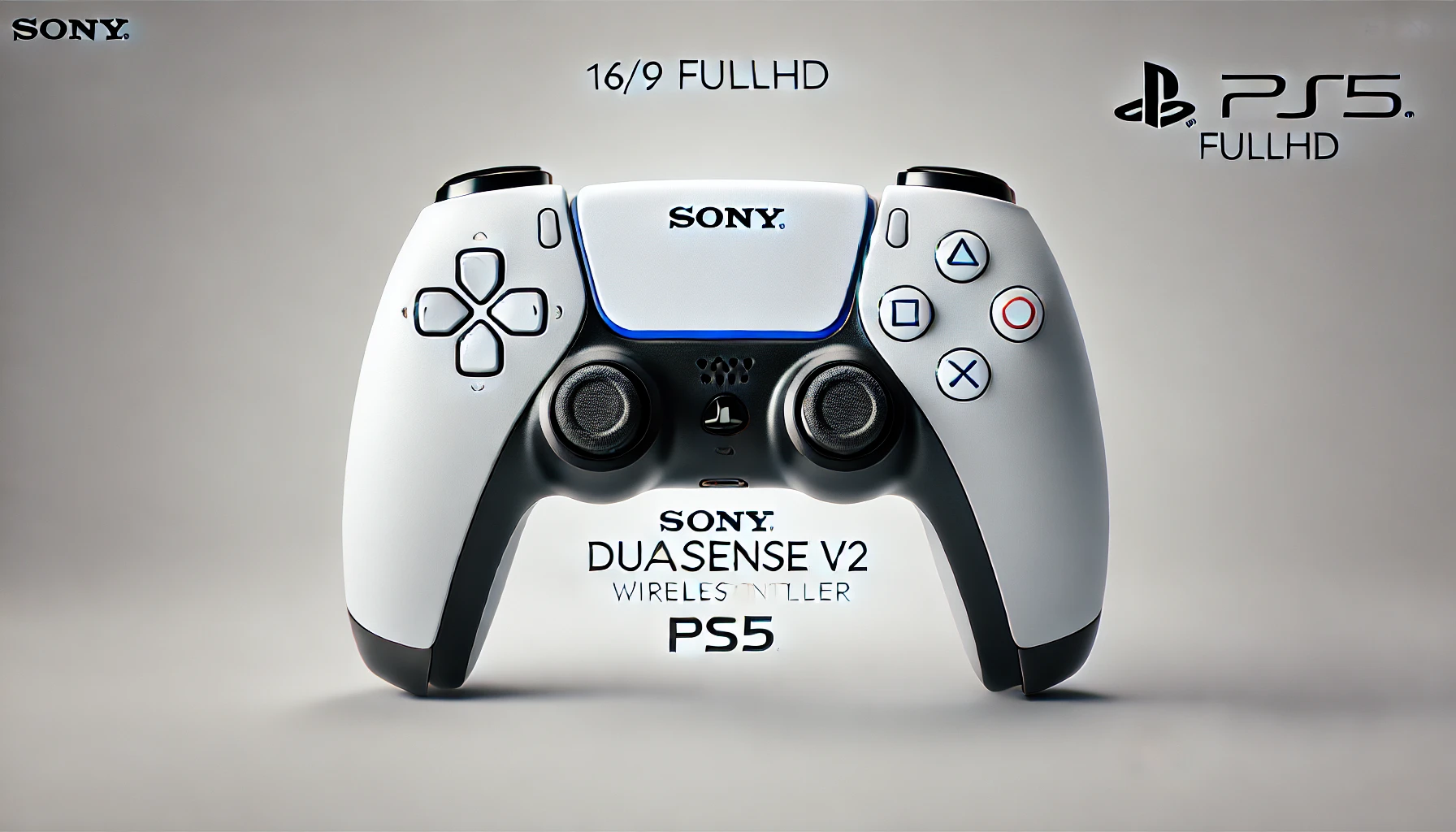 DALL·E 2024-07-23 14.54.39 - Create a 16_9 FullHD image of a Sony DualSense V2 wireless controller for PS5. The controller should be white with black accents. It should have all t