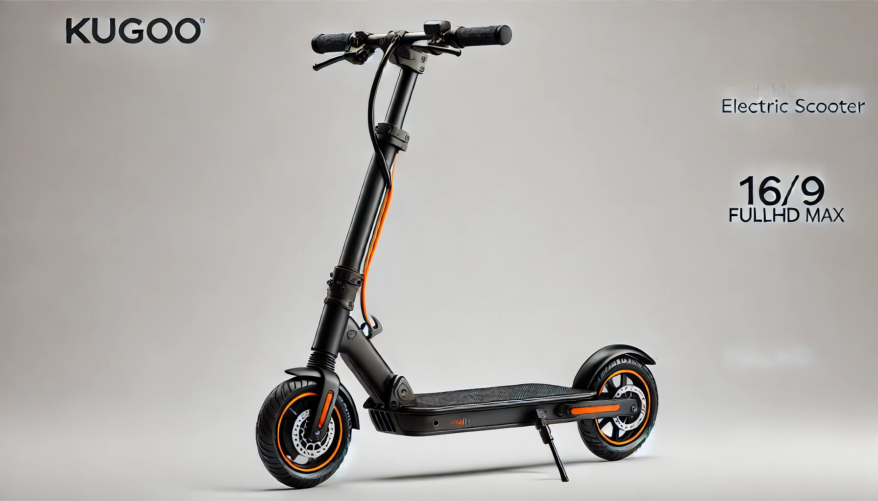DALL·E 2024-07-23 15.02.19 - Create a 16_9 FullHD image of a foldable electric scooter Kugoo KuKirin G2 Max. The scooter should be black with orange accents. It should have large