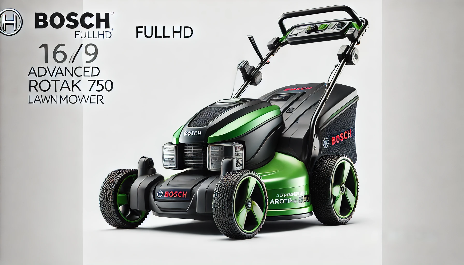 DALL·E 2024-07-23 15.15.29 - Create a 16_9 FullHD image of a Bosch AdvancedRotak 750 lawn mower. The lawn mower should be green with black elements. It should have large wheels an