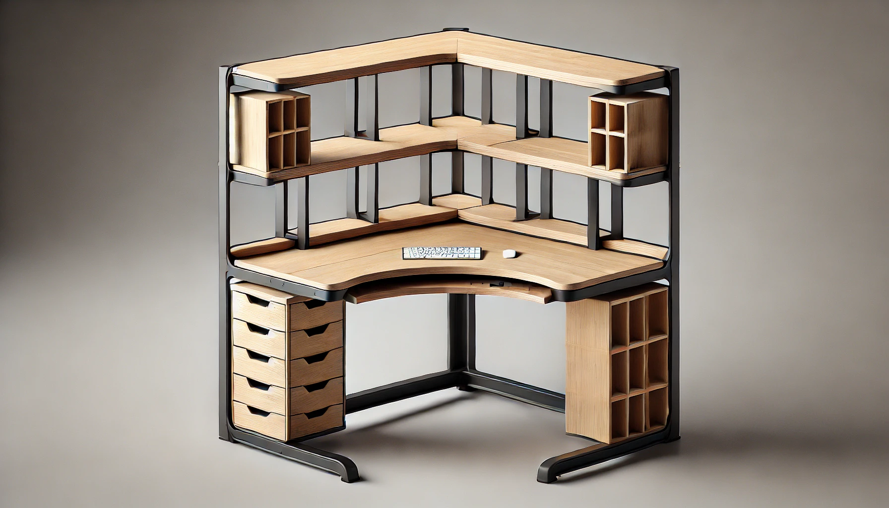 DALL·E 2024-07-24 12.41.50 - High-resolution image of a 180° rotating corner desk by Idmarket, model DETROIT with an S-shaped shelf. The desk has an industrial design with a light