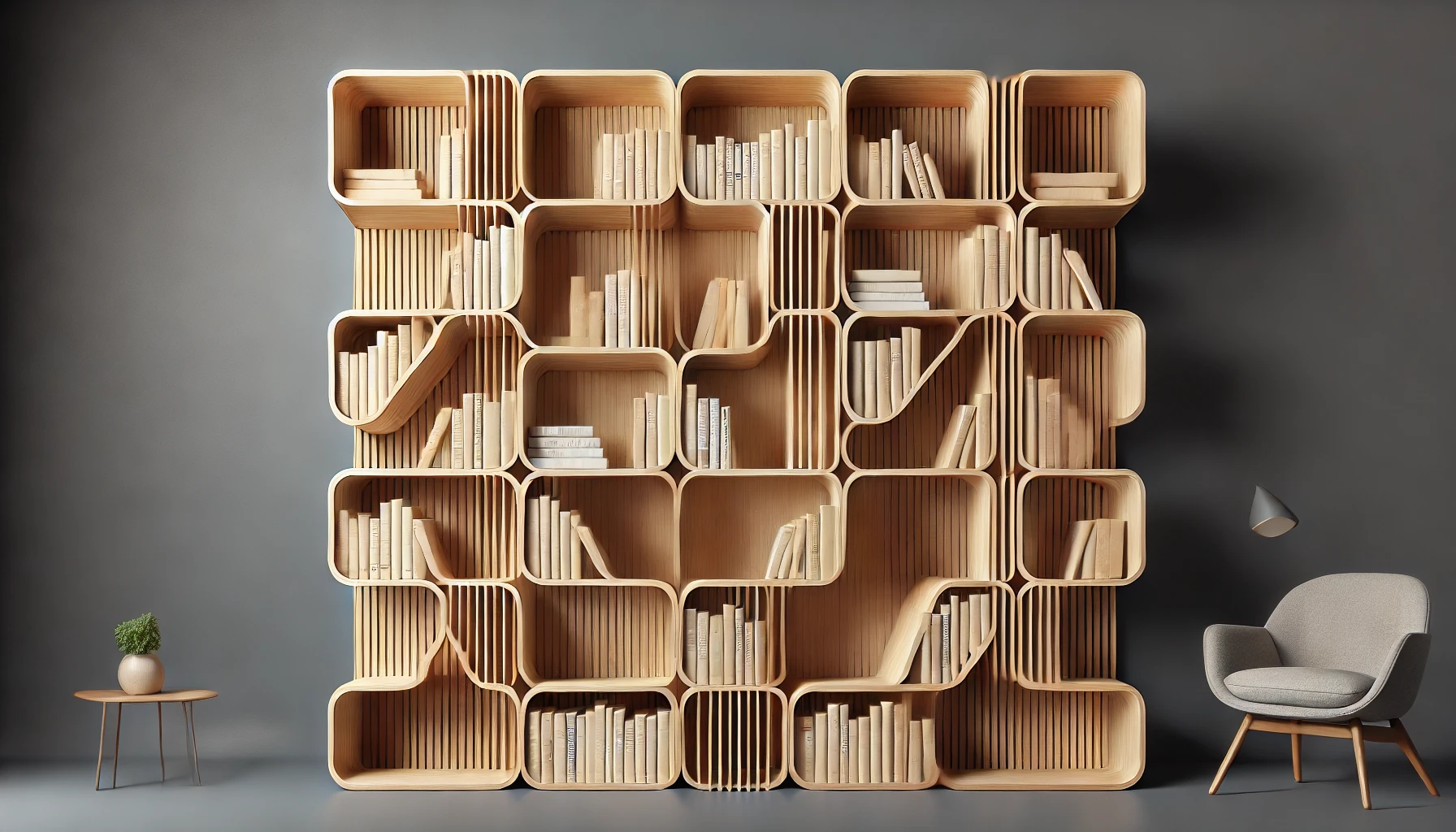 DALL·E 2024-07-24 12.47.42 - High-resolution image of a modern wooden bookshelf, natural wood color. The shelves are arranged in a V shape. The image should show the bookshelf fro