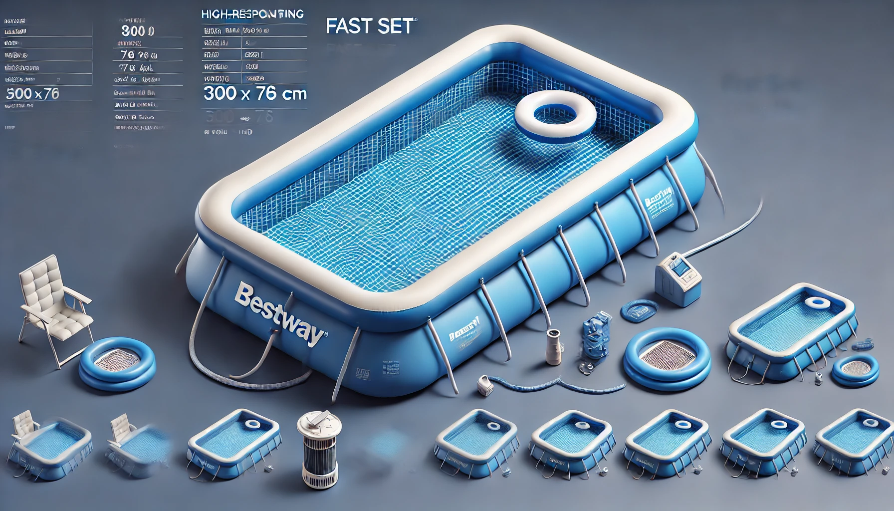 DALL·E 2024-07-24 13.05.46 - High-resolution image of a blue inflatable self-supporting pool by Bestway, Fast Set model, with dimensions of 300 x 76 cm. The pool should have a whi
