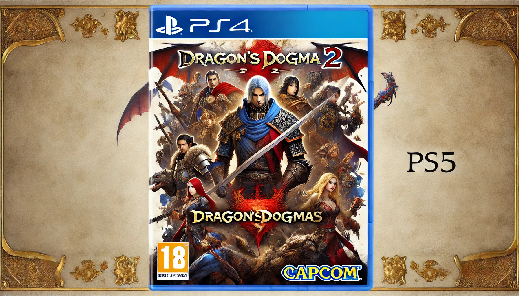 DALL·E 2024-07-24 13.14.54 - High-resolution image of a video game cover titled 'Dragon's Dogma 2' for the PS5 platform. The illustration should depict a fantasy theme with mediev