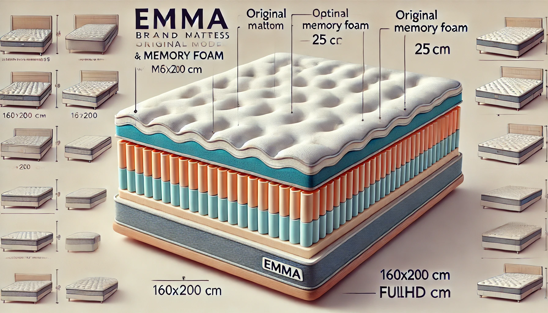 DALL·E 2024-07-24 13.22.10 - High-resolution image of an Emma brand mattress, dimensions 160x200 cm, Original model with memory foam. The image should show the mattress with a cro
