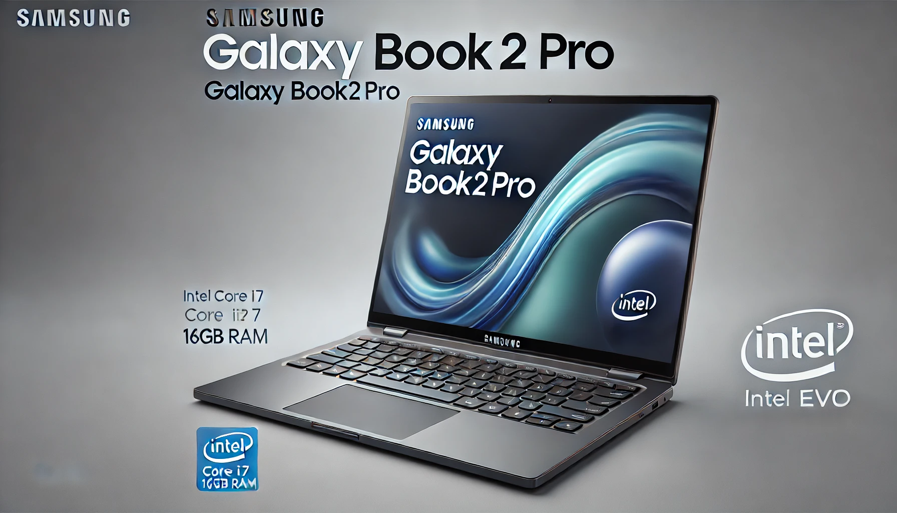 DALL·E 2024-07-24 13.32.39 - High-resolution image of a Samsung Galaxy Book2 Pro laptop with an Intel Core i7 I7-1260P processor, 16GB RAM, and 512GB SSD storage. The laptop shoul