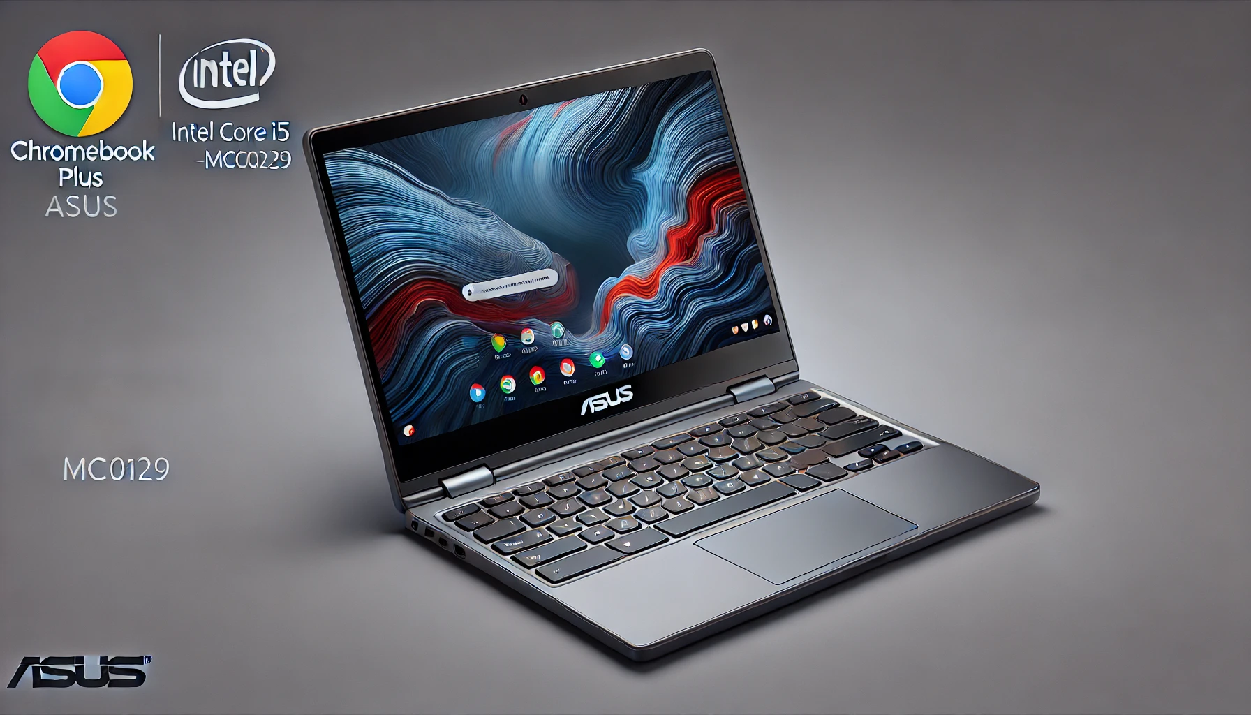 DALL·E 2024-07-24 13.47.46 - High-resolution image of a ChromeBook Plus Asus, model CX5601FBA-MC0129, with a 16-inch touchscreen, Intel Core i5 processor, 8GB RAM, and 256GB SSD s