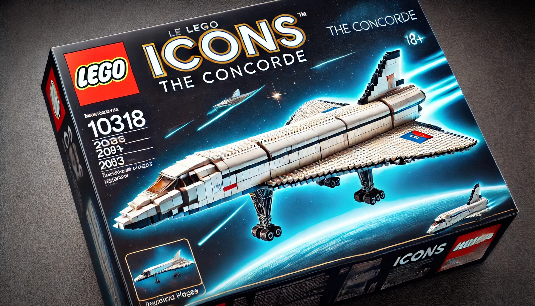 DALL·E 2024-07-24 13.53.06 - High-resolution image of a LEGO Icons - The Concorde box, model number 10318, containing 2083 pieces. The box should indicate the recommended age as 1