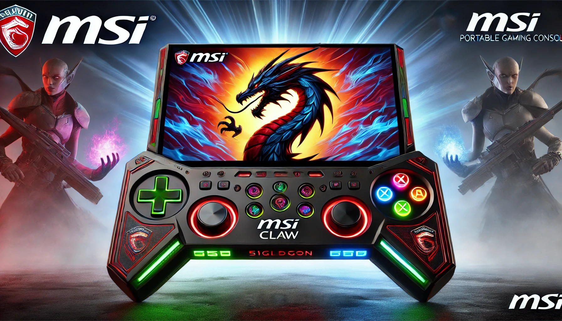 DALL·E 2024-07-24 13.55.24 - High-resolution image of an MSI Claw portable gaming console with 512GB storage. The console should have an ergonomic design with colored and backlit