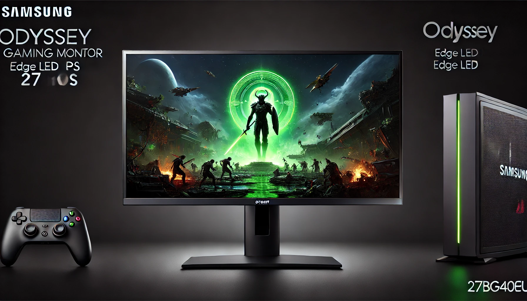 DALL·E 2024-07-24 14.38.34 - High-resolution image of a Samsung Odyssey gaming monitor, model S27BG400EU, with a 27-inch screen size, using Edge LED IPS technology and having FHD