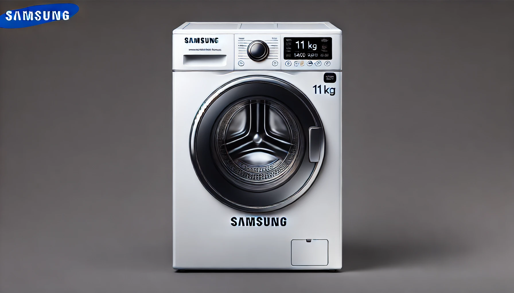 DALL·E 2024-07-24 14.42.22 - High-resolution image of a Samsung front-loading washing machine, model WW11BB704DGWS3, with an 11 kg capacity and 1400 RPM spin speed. The washing ma
