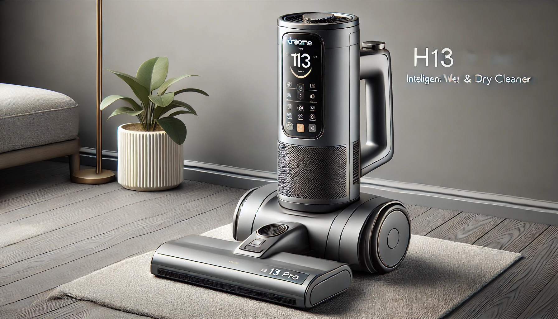 DALL·E 2024-07-24 14.56.22 - High-resolution image of a Dreame H13 Pro cordless vacuum cleaner, intelligent wet and dry cleaner. The vacuum cleaner should be gray with a modern an