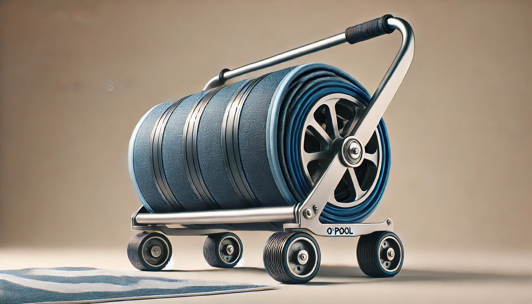 DALL·E 2024-07-25 11.24.21 - High-quality image of a pool cover roller by O'Pool, dimensions 8 x 4. The roller has a silver metal frame with a blue and black wheel. It is equipped