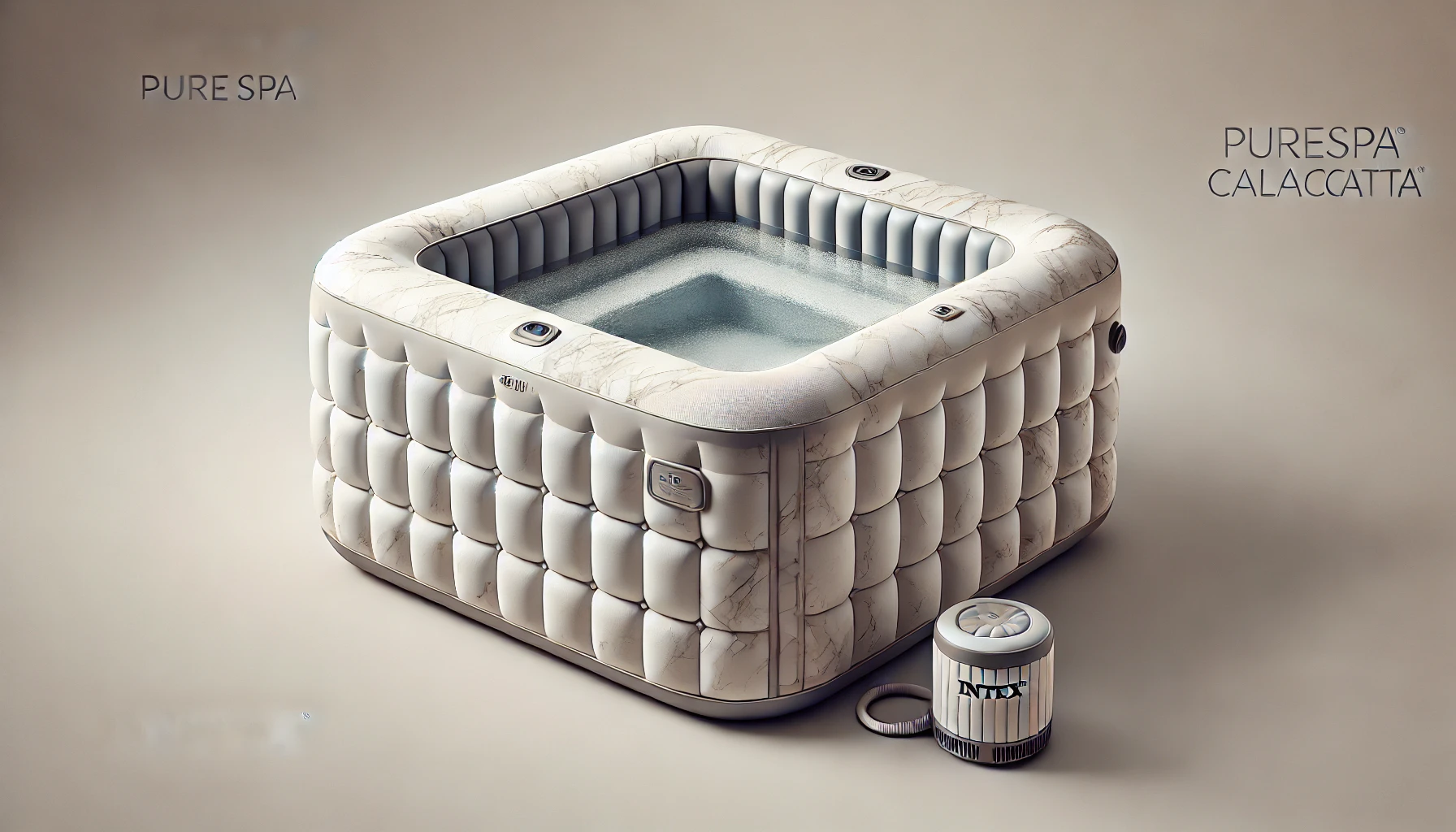 DALL·E 2024-07-25 11.27.44 - High-quality image of a square inflatable spa by Intex, model PureSpa Calacatta, with a capacity of 4 people. The spa has an exterior with a marble pa