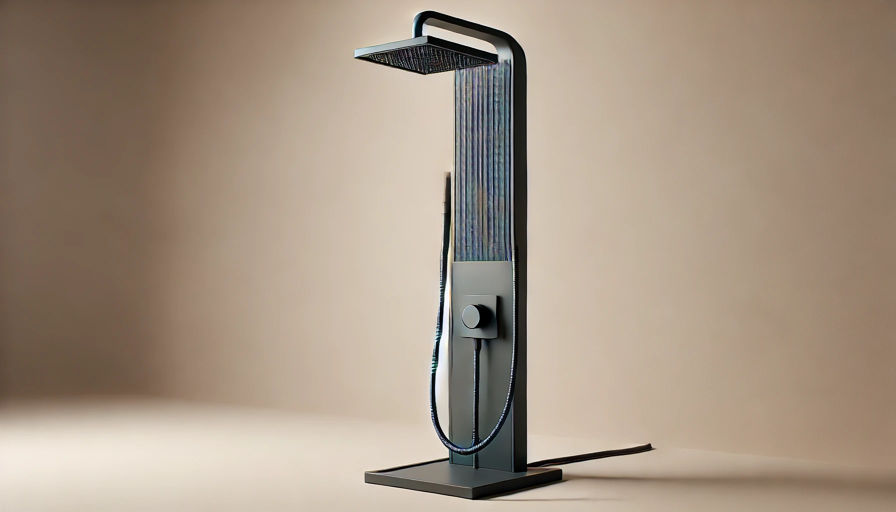 DALL·E 2024-07-25 11.31.11 - High-quality image of a solar pool shower by Habitat Et Jardin, model Fresh 15, with a capacity of 10 liters. The shower column is made of black PVC a