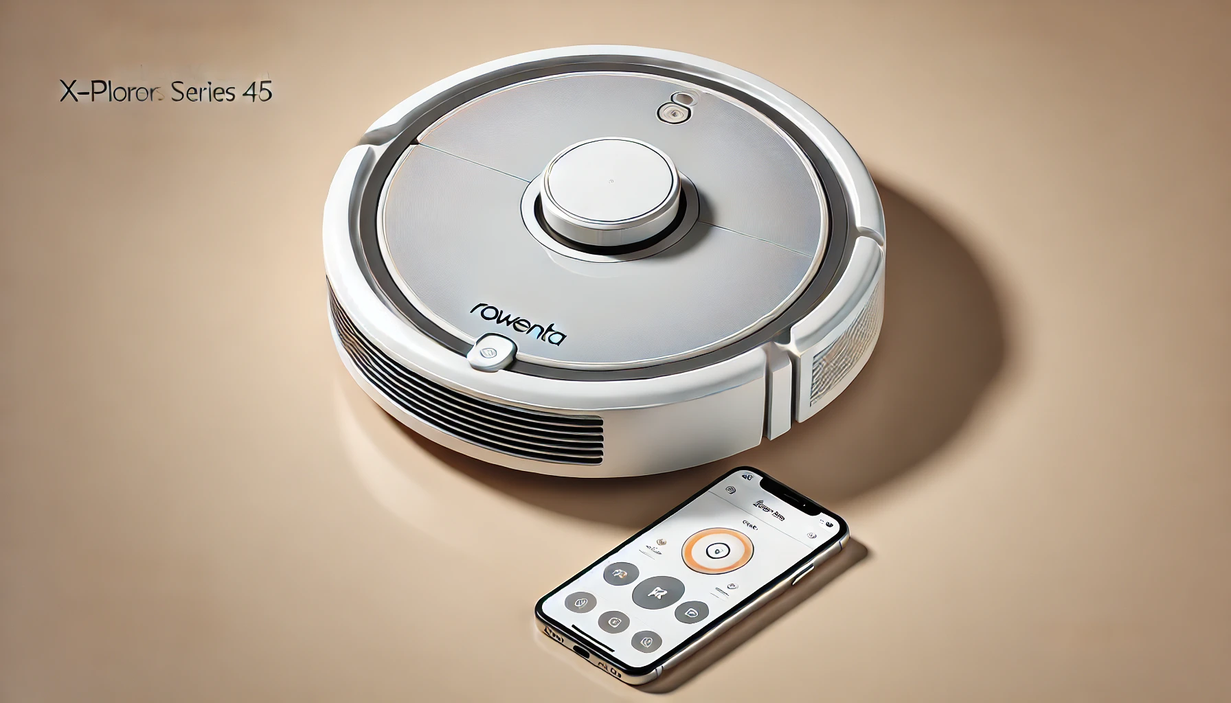 DALL·E 2024-07-25 13.58.35 - High-quality image of a Rowenta robot vacuum, model X-Plorer Series 45 (RR8227WH), in white color. The vacuum has a circular design with a start butto