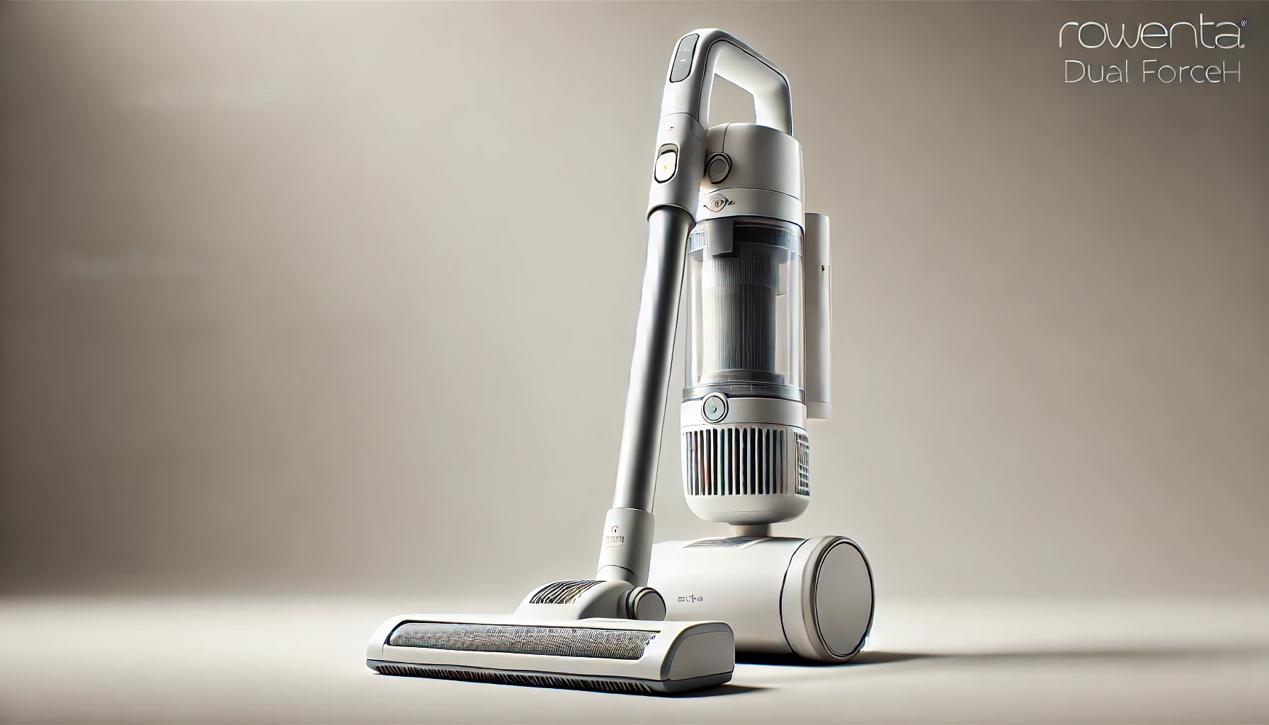 DALL·E 2024-07-25 14.03.11 - High-quality image of a 2-in-1 cordless stick vacuum cleaner by Rowenta, model Dual Force RH6737WH, in white color. The vacuum features a vertical des