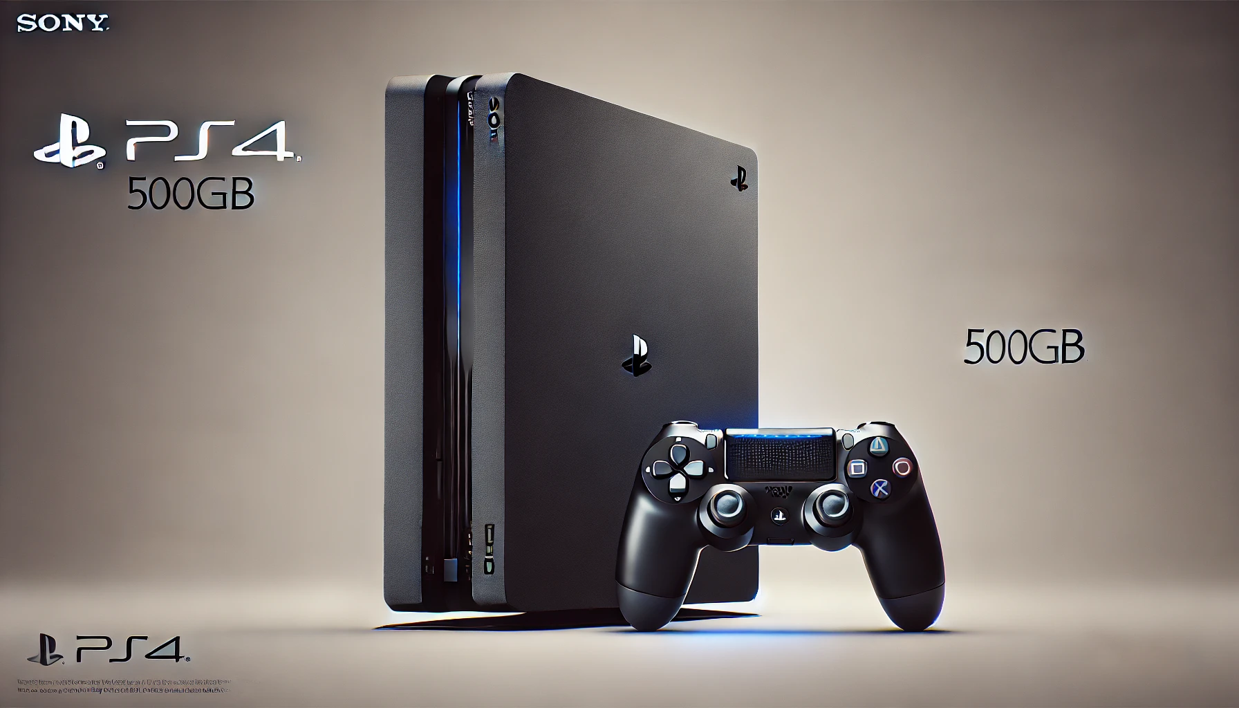 DALL·E 2024-07-25 14.15.56 - High-quality image of the Sony PlayStation 4 gaming console with 500GB storage, in black color. The console is accompanied by a DualShock 4 controller