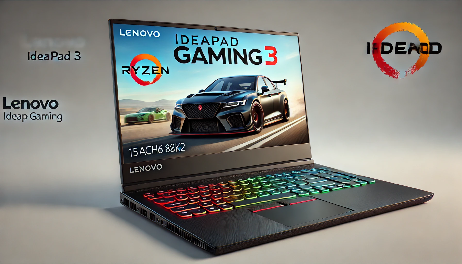 DALL·E 2024-07-25 14.26.53 - High-quality image of a Lenovo IdeaPad Gaming 3 laptop, model 15ACH6 82K2, with a Ryzen 5 5600H processor, 8GB of RAM, and a 512GB SSD. The laptop is