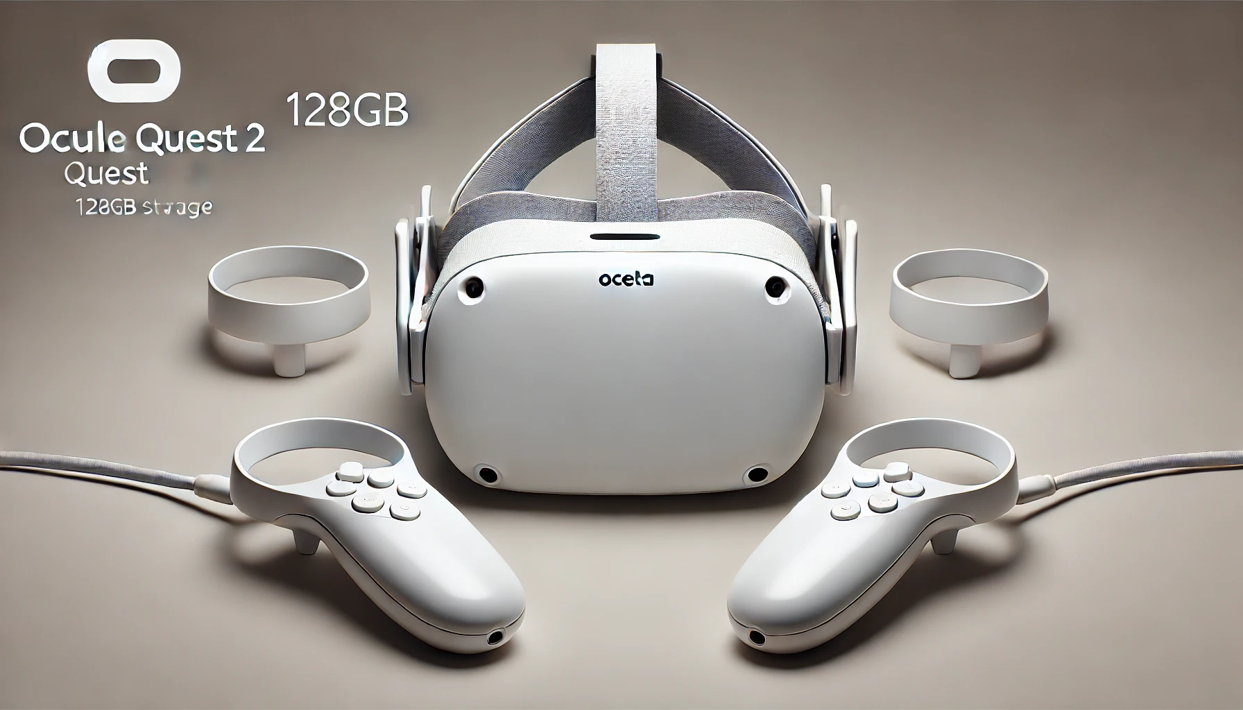 DALL·E 2024-07-25 14.49.51 - High-quality image of a Meta Oculus Quest 2 virtual reality headset with 128GB storage. The VR headset is white and comes with two white controllers.