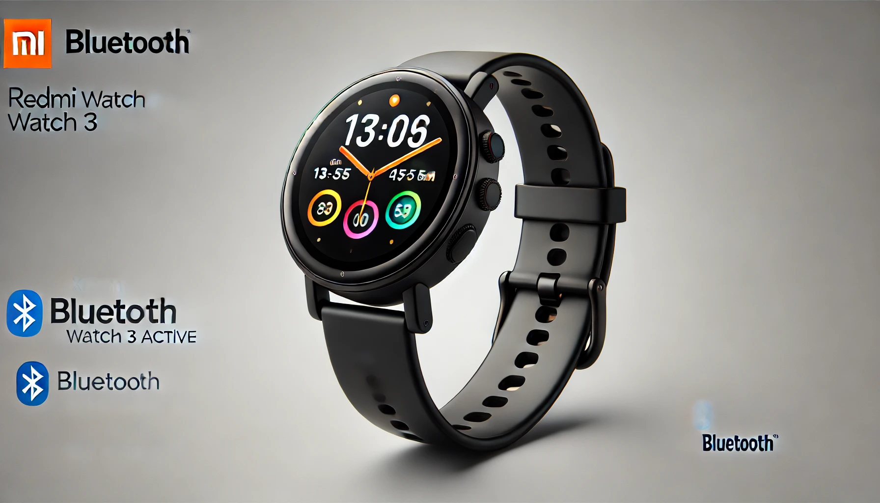 DALL·E 2024-07-25 16.51.09 - High-quality image of a Xiaomi Redmi Watch 3 Active smartwatch with a black band, wrist size 135-200 mm, 1.83-inch display, Bluetooth connectivity, an