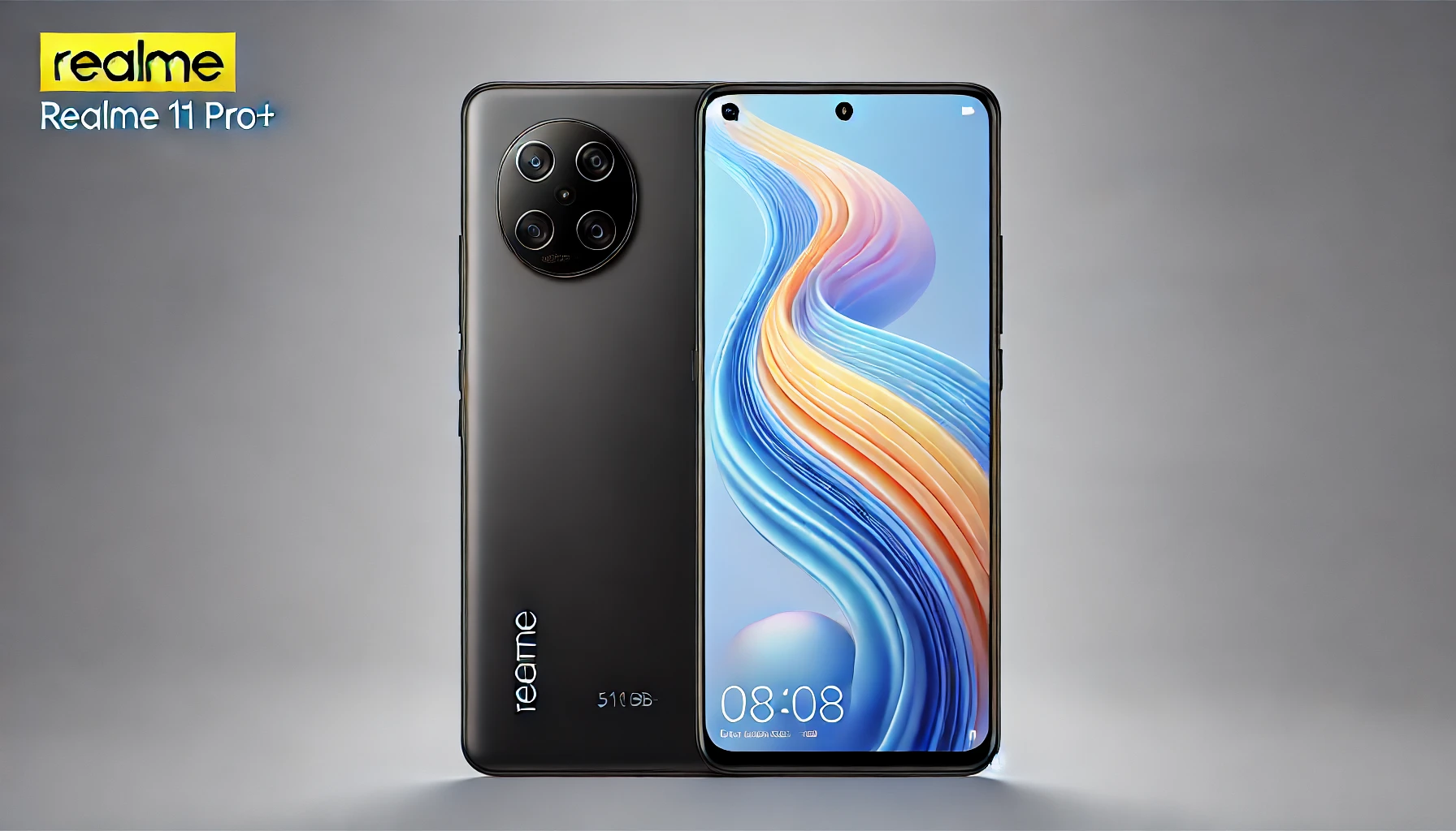 DALL·E 2024-07-25 16.58.31 - High-quality image of a Realme 11 Pro+ smartphone with 512GB storage in black color. The smartphone features a distinctive circular rear camera design