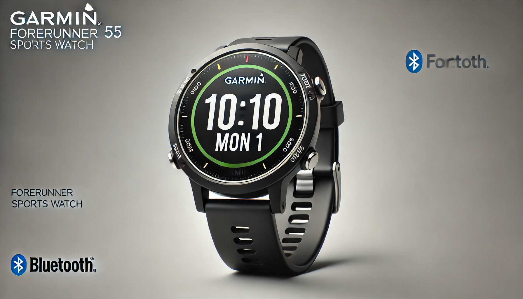 DALL·E 2024-07-25 17.08.45 - High-quality image of a Garmin Forerunner 55 sports watch in black color with a silicone band. The watch features a 1.04-inch circular display with gr