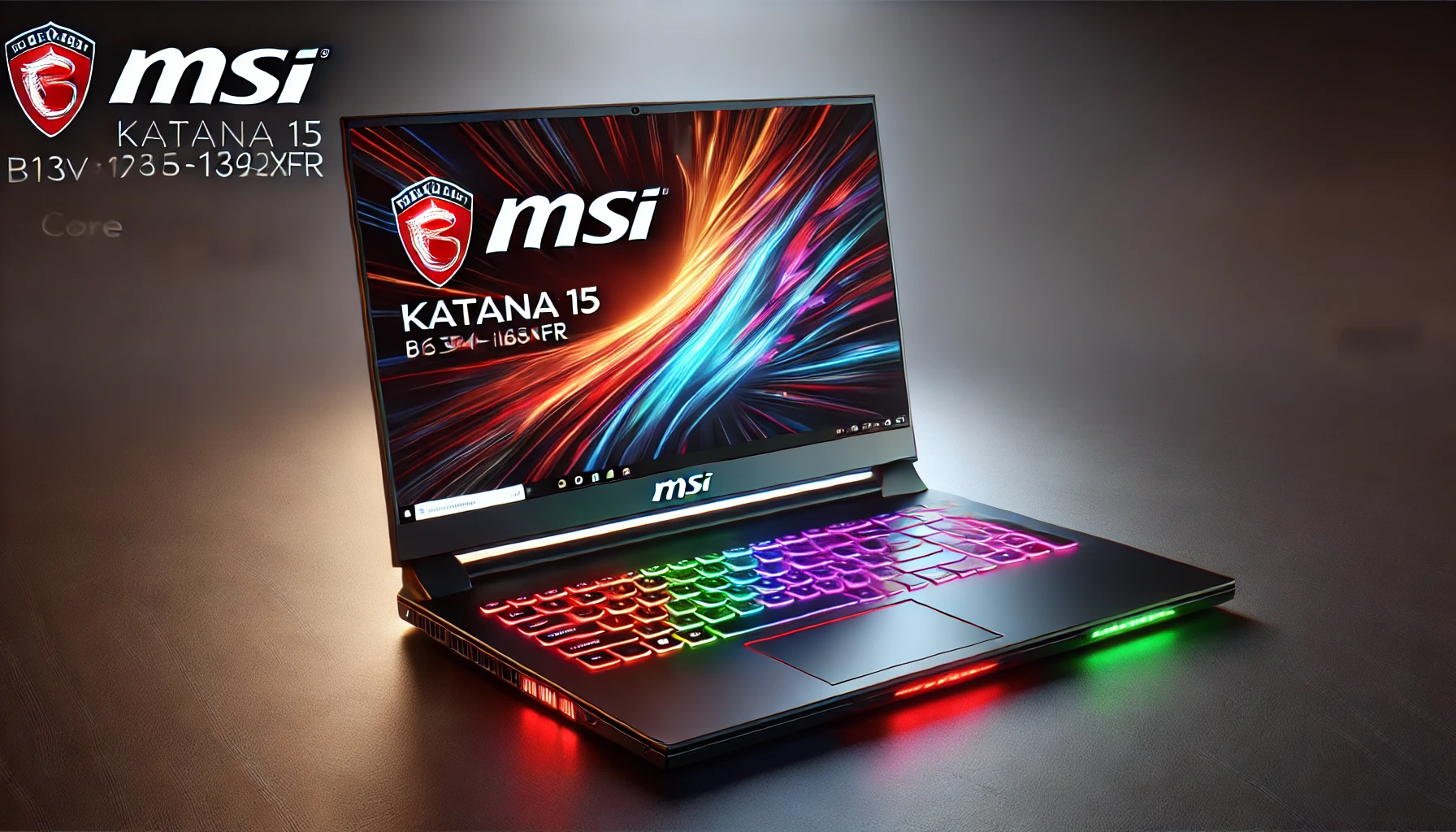 DALL·E 2024-07-25 17.28.39 - High-quality image of an MSI Katana 15 B13VFK-1694XFR laptop with a Core i5 I5-13420H processor, 16GB RAM, and 512GB SSD storage, in black color. The