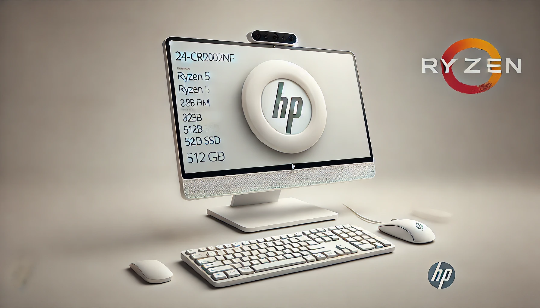 DALL·E 2024-07-25 17.33.22 - High-quality image of an HP 24-cr0002nf all-in-one computer with a Ryzen 5 7520U 2.8 GHz processor, 8GB RAM, and 512GB SSD storage, in white color. Th