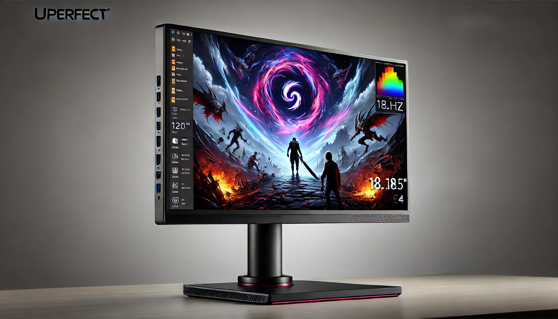 DALL·E 2024-07-25 17.49.25 - High-quality image of an Uperfect Uxbox E4 portable monitor, 18.5 inches with a 120Hz refresh rate and 1920x1080 (FHD) resolution. The monitor uses IP