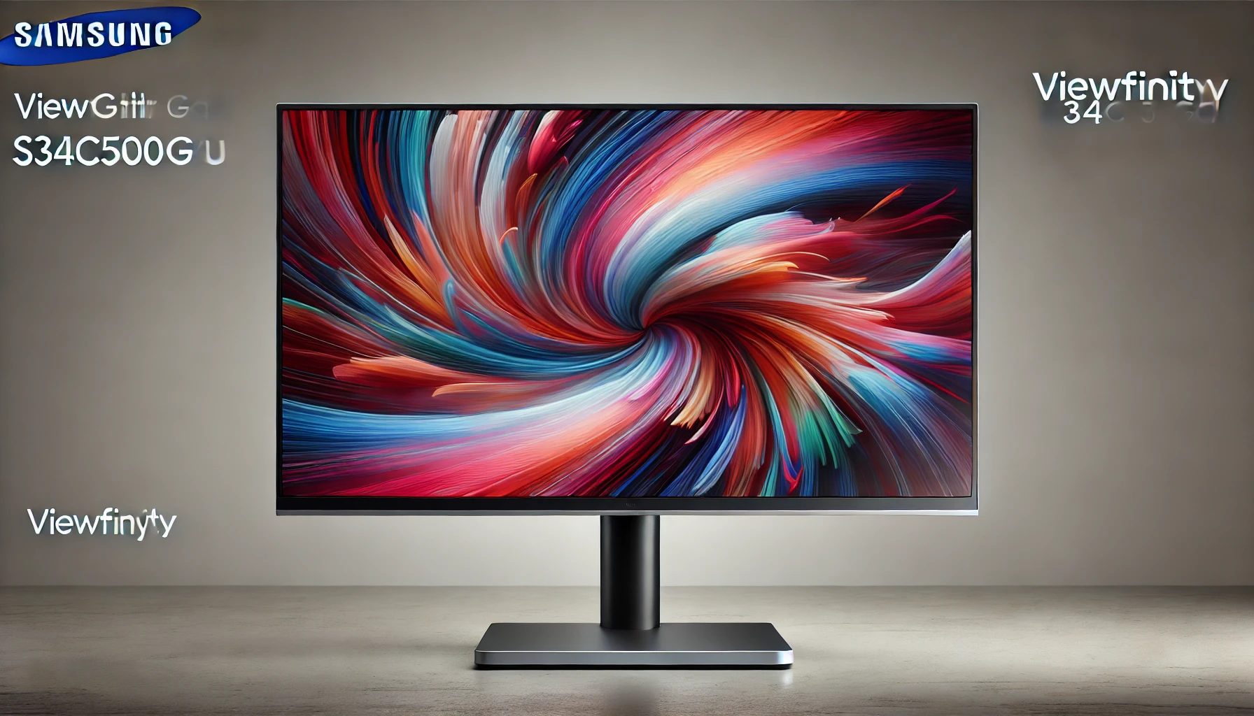 DALL·E 2024-07-25 17.58.01 - High-quality image of a Samsung S34C500GAU PC monitor from the ViewFinity S5 series. The monitor is ultra-wide with thin bezels and displays a colorfu