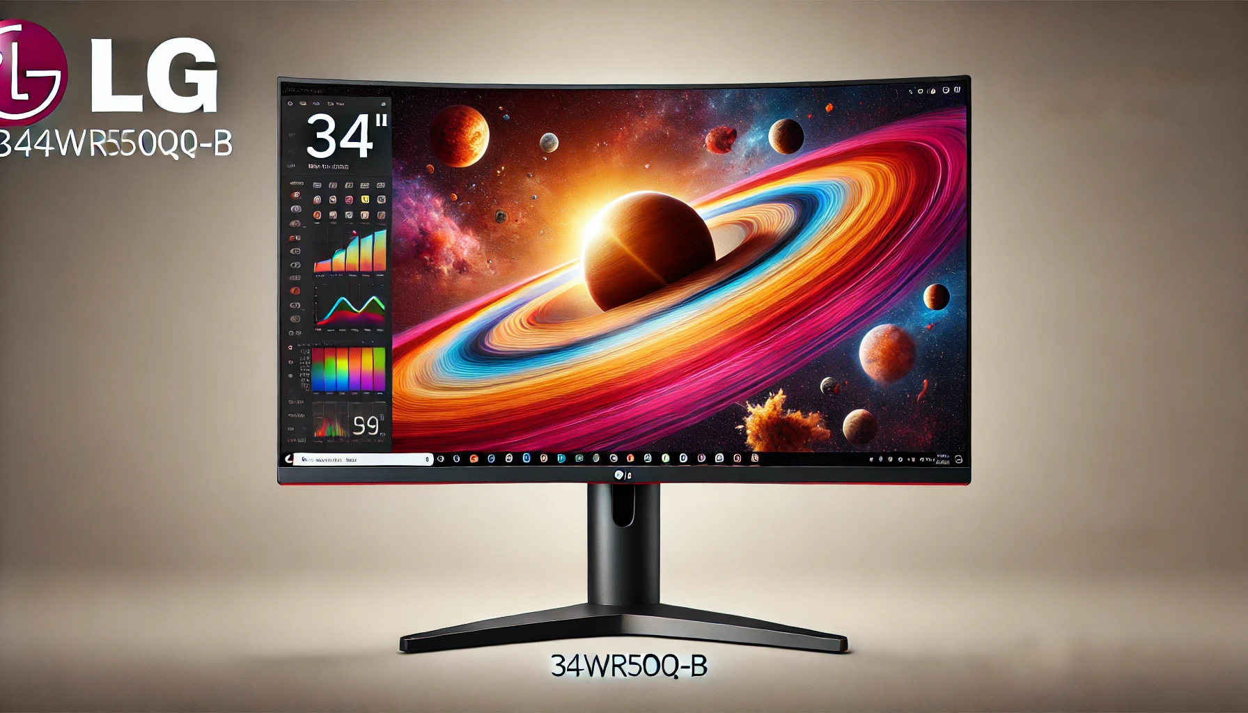 DALL·E 2024-07-25 18.10.30 - High-quality image of an LG 34WR50QC-B PC monitor, 34 inches with a 21_9 UltraWide format and Quad HD resolution. The monitor is curved and displays v