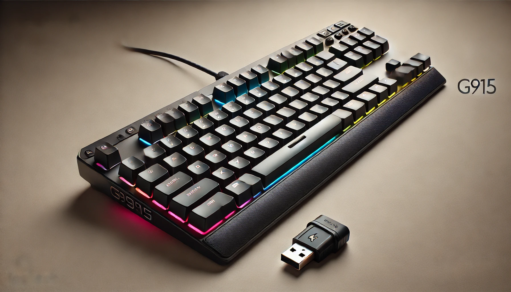 DALL·E 2024-07-25 18.21.27 - High-quality image of a Logitech G915 gaming keyboard. The keyboard is black with RGB backlit keys. It has USB, Bluetooth, and 2.4 GHz connections. Th