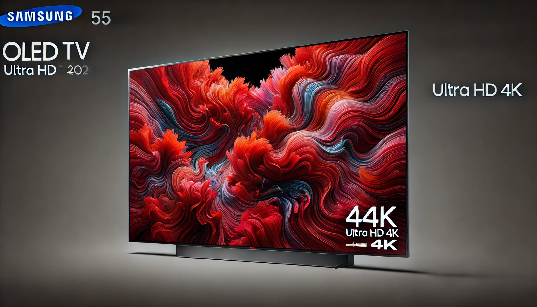 DALL·E 2024-07-25 23.12.54 - High-quality image of a 55-inch OLED TV by Samsung, model TQ55S90C 2023. The TV is 140 cm wide, features a vibrant display with a red abstract pattern