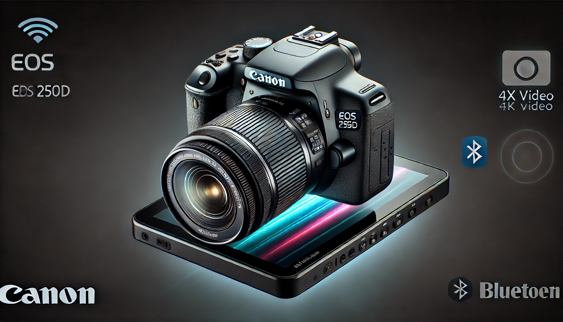 DALL·E 2024-07-26 10.41.51 - High-quality image of a Canon EOS 250D digital SLR camera, featuring a 24.1 MP APS-C sensor, 4K video recording at 25 fps, and a 3x optical zoom EF-S