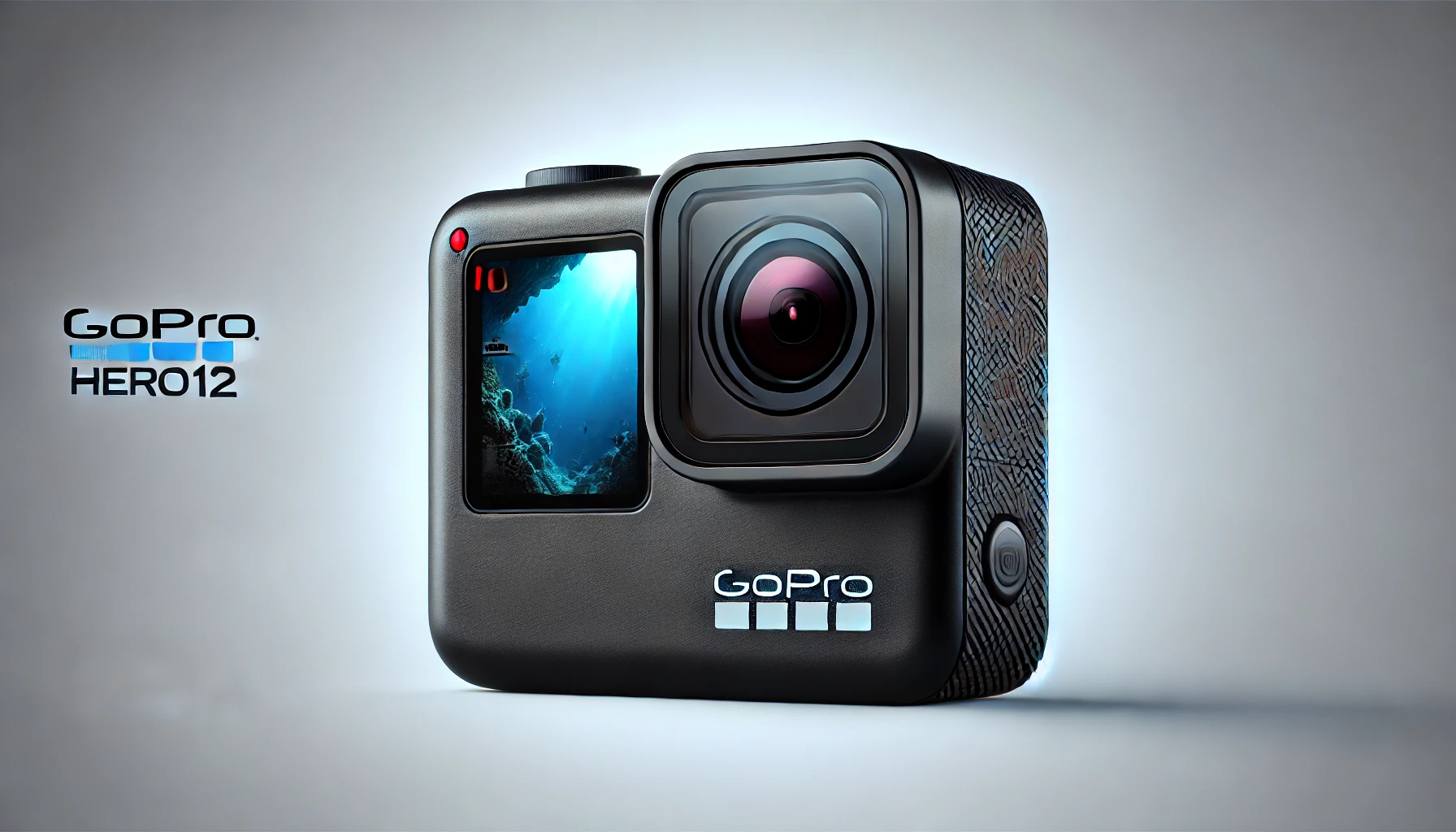 DALL·E 2024-07-26 10.59.42 - High-quality image of a GoPro HERO12 Black sports camera. The camera features a compact, rectangular black body with rounded edges and a small front-f