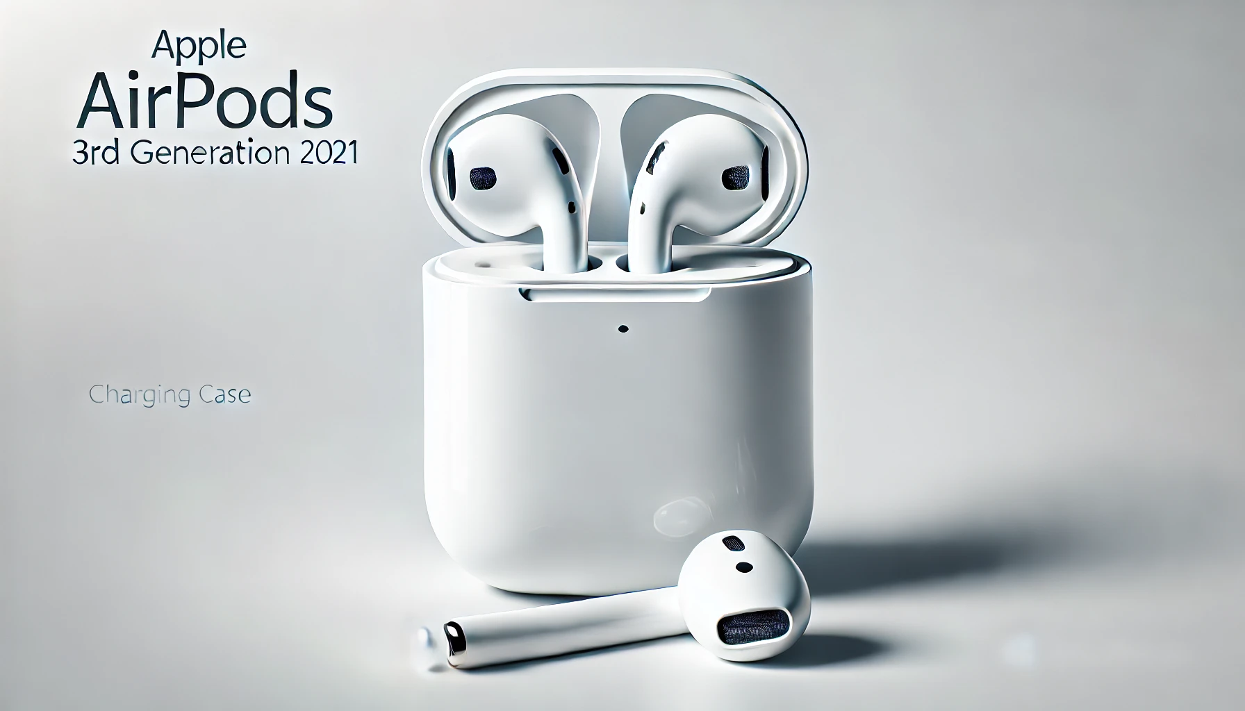 DALL·E 2024-07-26 11.25.30 - High-quality horizontal image of Apple AirPods 3rd generation (2021) with MagSafe charging case. The wireless earbuds are displayed with the case open