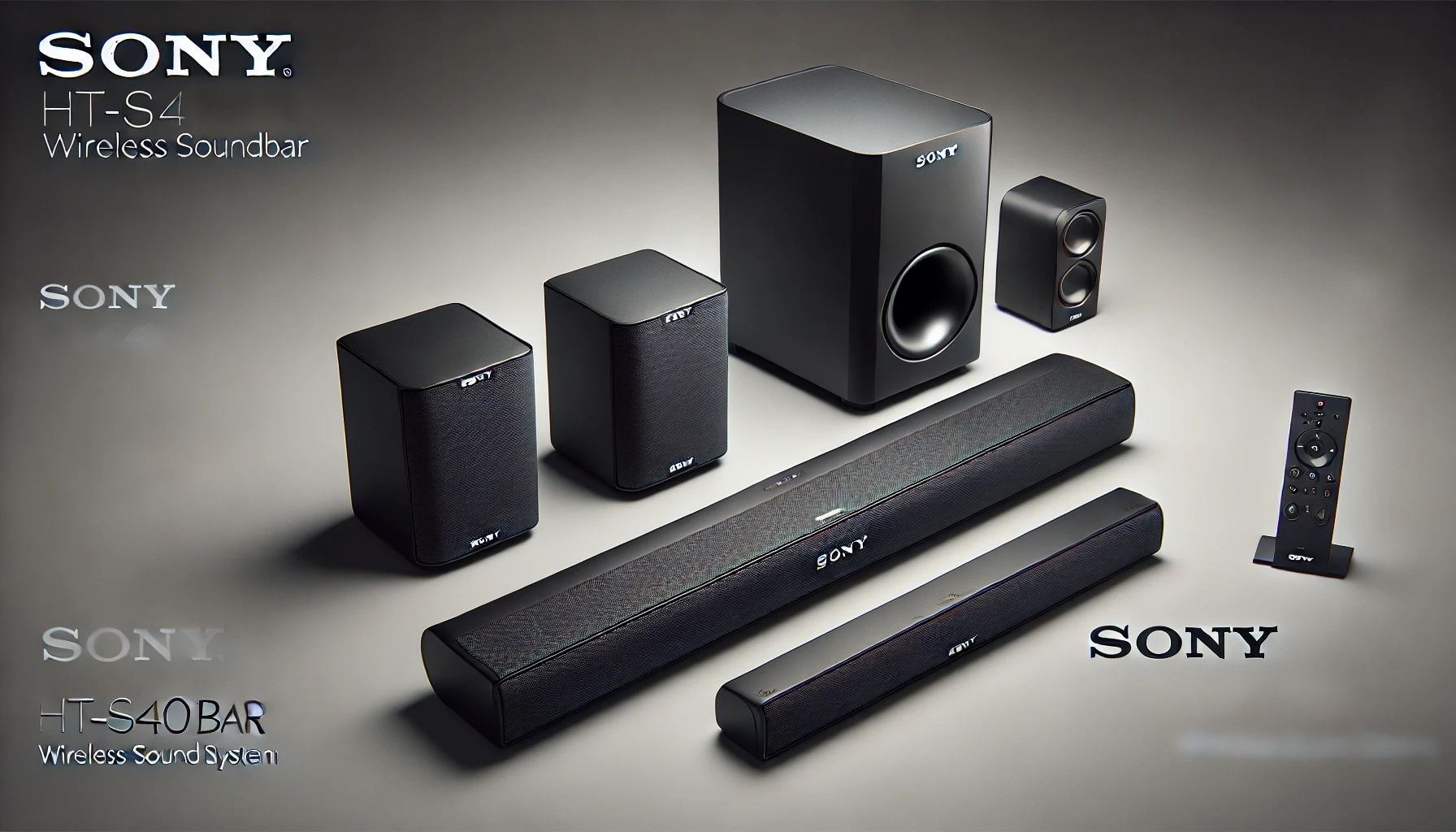 DALL·E 2024-07-26 11.31.00 - High-quality horizontal image of a Sony HT-S40R wireless soundbar system in black. The system includes a soundbar, subwoofer, and two rear speakers. A