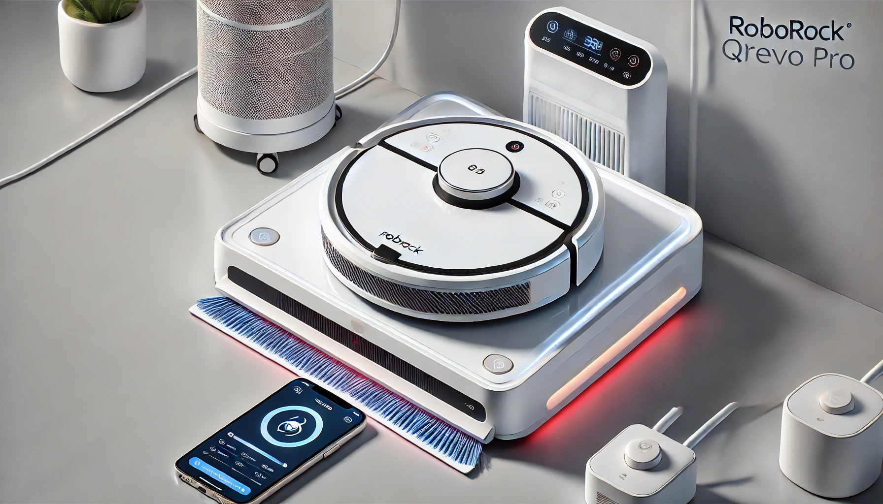 DALL·E 2024-07-26 12.10.10 - A high-quality horizontal image of the Roborock Qrevo Pro robot vacuum cleaner in white. The image shows the vacuum cleaner docked in its automatic st