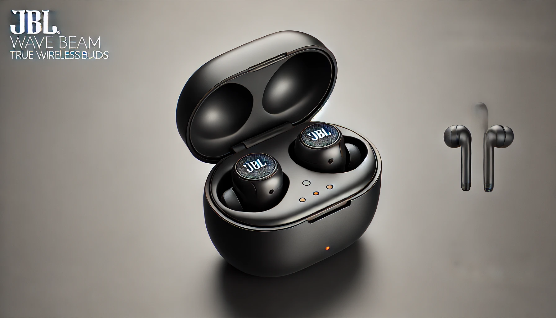 DALL·E 2024-07-26 12.28.52 - A high-quality horizontal image of the JBL Wave Beam True Wireless earbuds in black. The earbuds are shown with the charging case open, displaying one