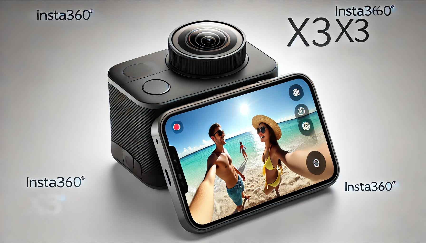 DALL·E 2024-07-26 12.34.25 - A high-quality horizontal image of the Insta360 X3 360-degree action camera. The camera is shown with its screen displaying a selfie of two people enj