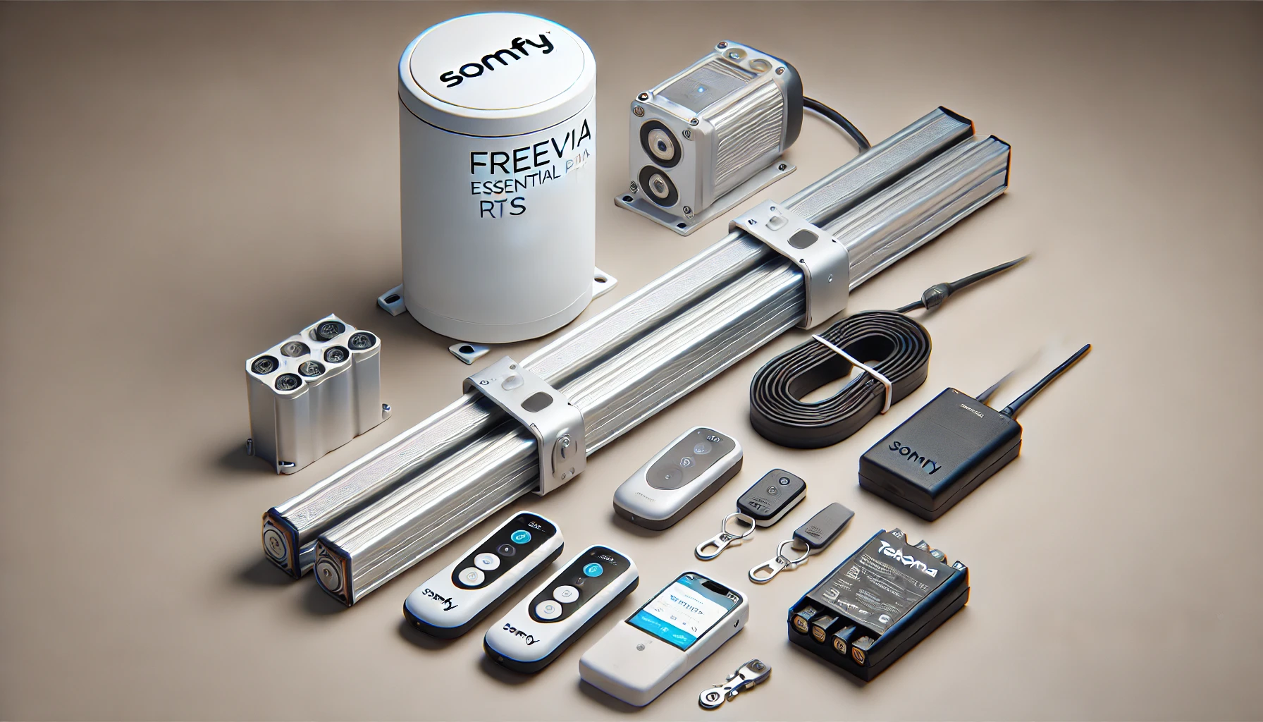 DALL·E 2024-07-26 12.39.11 - A high-quality horizontal image of the Somfy Freevia Essential RTS sliding gate motorization set. The set includes the motor, two Keypop remote contro