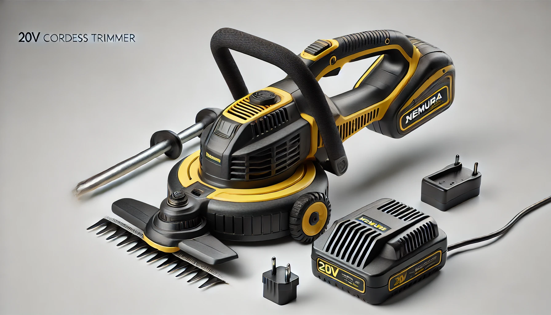DALL·E 2024-07-26 13.56.12 - A high-quality horizontal image of a Nemura 20V cordless grass trimmer. The image should feature the yellow and black trimmer with its adjustable hand