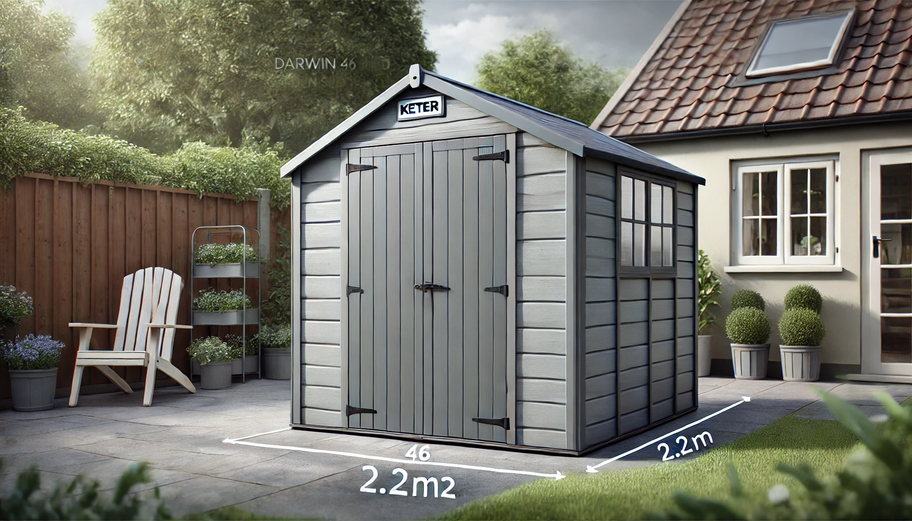 DALL·E 2024-07-26 17.02.10 - A high-quality horizontal image showcasing a KETER DARWIN 46 resin garden shed in grey, with dimensions 2.2m². The shed is shown with its doors closed